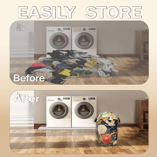 Image of Collapsible Laundry Basket,Retro Crane Dirty Clothes Hamper,Vintage Flowers Hampers for Bedroom Waterproof Oxford Cloth Storage Organizer for Bathroom,Nursery,Dorm,16x20 Inch