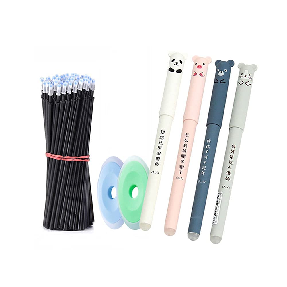 Erasable Pen Refill Sets Blue Black Gel Rollerball Ink Pens Cute Cat Panda Bear Friction Liquid Training Writing Pens (12)