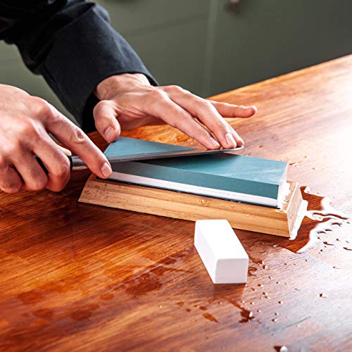 Knife Sharpening Stone Set Whetstone Kit 4 Grit 400/1000 3000/8000 Sharpening and Honing Waterstone Best Wet Stone Sharpener for Chefs Kitchen Knives Anti-slip Bamboo Base and Flattening Stone - Thumbnail 4