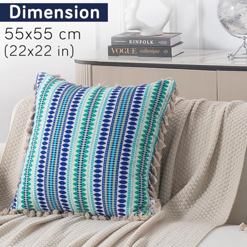 Image of HOKIPO 'Artisan Boho Series' Sofa Cushion Covers | 450 GSM Cotton Acrylic Jacquard | Tassel Design | 22x22 Inch (55x55 cm) | Pack of 2, Royal Blue (IN-906-A2*2)