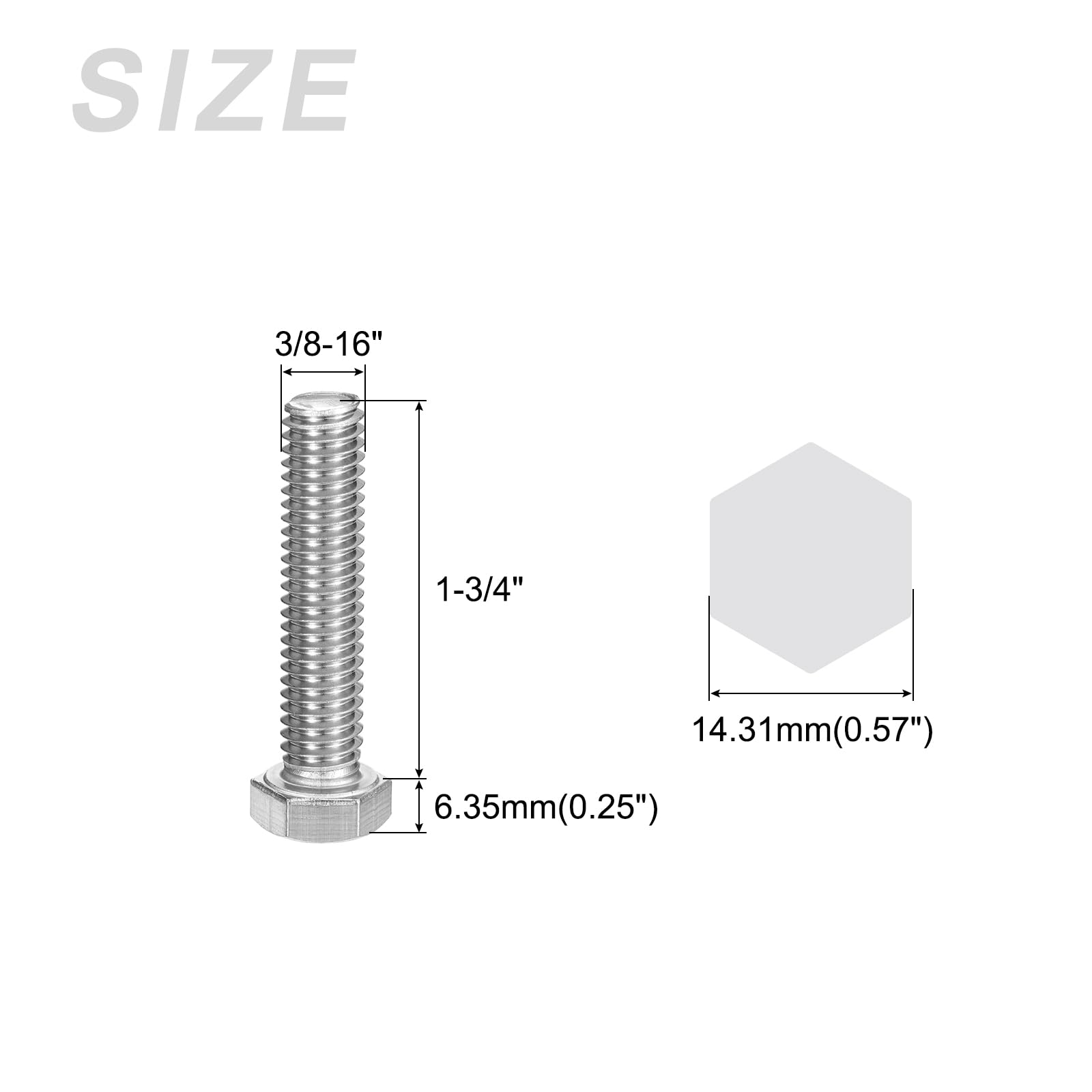 METALLIXITY Hex Head Bolts (3/8-16 x 1-3/4") 10Pcs, 304 Stainless Steel 18-8, Fully Threaded, External Hex Drive - Image 2