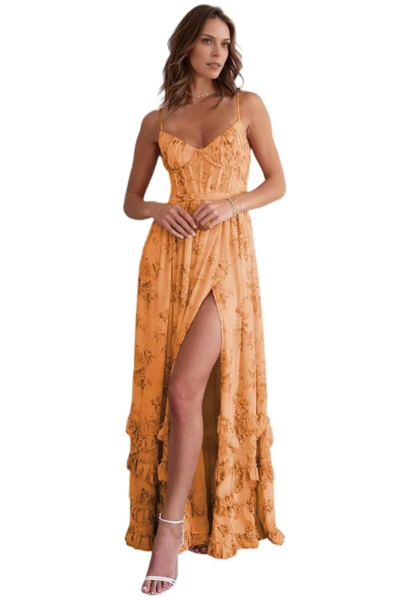 Women's Slit Floral Bridesmaid Dresses Long Prom Dress Spaghetti Straps Tiered V-Neck Chiffon Formal Evening Party Gowns