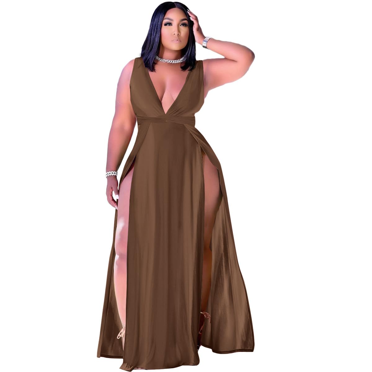 Ekaliy Women's Plus Size Sleeveless Deep V Neck Front Split Long Maxi Wrap Dress