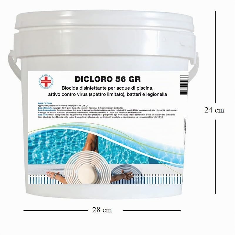 Virsus Dicloro Granulare 56 gr per acque piscina 5010, per la disinfezione dell’acqua, contro virus e batteri, Agente clorante stabilizzato per trattamenti shock e recupero acque deteriorate (10 Kg)