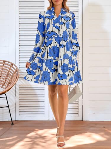Image of Imily Bela Womens Fall Long Sleeve Tunic Dress Casual V Neck Tiered Dress | Loose,Swing,A-Line,Ruffled Collar,Puff Balloon Sleeve,Smocked Elastic Cuffs,Tiered Layered Ruffle Hem,Babydoll,Loose,Mini