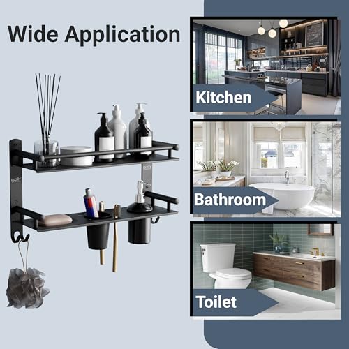 Image of GLOXY Premium Stainless Steel Black Matt Finish 2 Layer Bathroom Shelf Rack with Soap Holder, Liquid Soap Dispenser & Toothpaste Holder - 4 in 1 Washroom Rack for Home, Office, Hotels & Restaurants