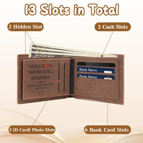 Fathers Day Mens Gifts for Him Husband Funny Engraved Leather Wallets with Pocket Hug Token Anniversary Wedding Gifts Cool Birthday Gift Christmas Sentimental Gifts for Him Men Husband Boyfriend (J)3