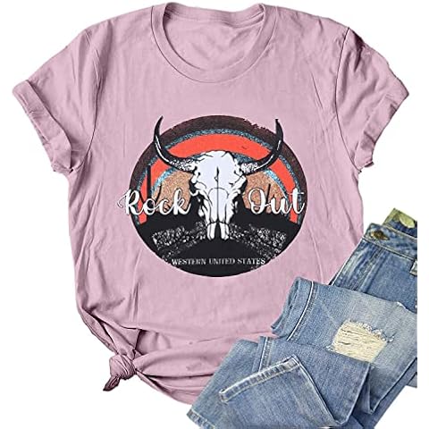 Country Music T Shirts Women Western Cowgirl Skull Bull Graphic Tee Shirt Casual Vintage Cowboy Rodeo Tee Tops, Lavender, Large Cover