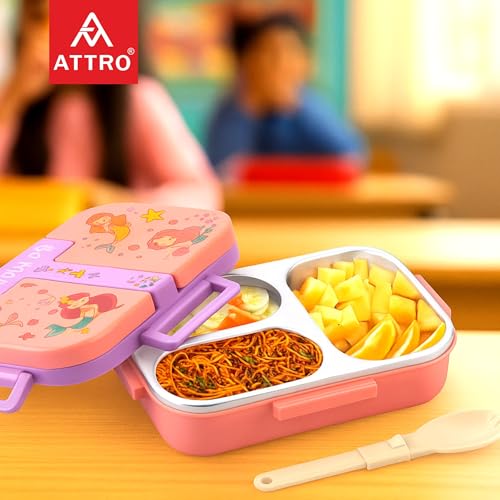 Image of ATTRO Tangy Bite Stainless Steel Lunch Box - 3 Compartment Bento Tiffin, Leak-Proof & Durable, Plastic Spoon, Ideal for Kids, School, Picnic- Peach- 600ml-Mermaid Theme