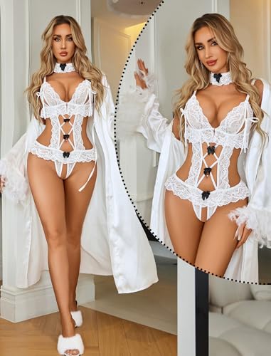 Avidlove Womens Lace Teddy Bodysuit Lingerie Set with Choker V Neck White S - image 5