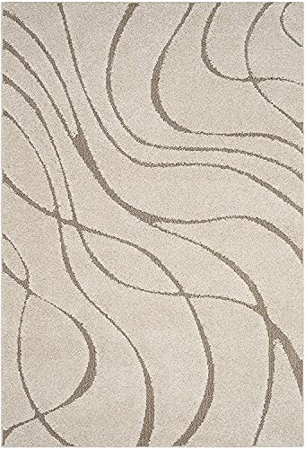 Image of Geometric Wave Shaggy Rectangular Carpet For Living Room,Bedroom,High Low Design Finish Microfiber 1.8 Inch Pile High,5X8 Feet Ivory|Beige Color