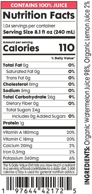 Image of Pomona Organic Juices Pure Watermelon Juice, Cold Pressed Organic Juice, Non-GMO, No Sugar Added, Not from Concentrate, Gluten Free, Kosher Certified, Preservative Free, 8.4 Ounce (Pack of 12)