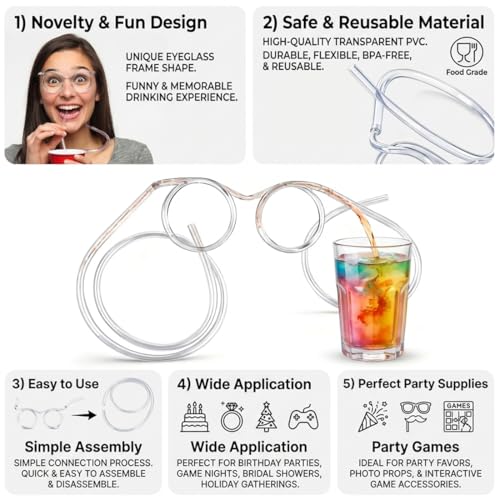 Image of Silly Straws Glasses, Reusable Crazy Straws for Kids, Flexible Twisty Straws Fun Eyeglass Frame Drinking Straws, Novelty Party Favors Supplies for Birthday, Game, Christmas, Holiday Decorations