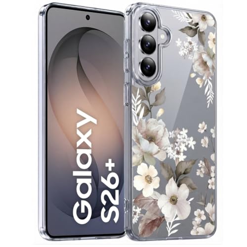 Image of Elzzi Clear Transparent Flower Cover for Samsung S26 Plus 5g Case Shockproof Floral Design Camera Protection Shockproof PC+TPU Transparent Flower Cover for Girls & Women (Grey)