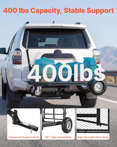 Image of VEVOR Hitch Mount Cargo Carrier on Wheels, 36.2 inch x 21.3 inch x 11.8 inch, 2-in-1 Folding Rear Luggage Rack Basket & Cargo Cart with Hitch Stabilizer, Fits 2 inch Receiver for SUV Pickups, 400LBS Load Capacity