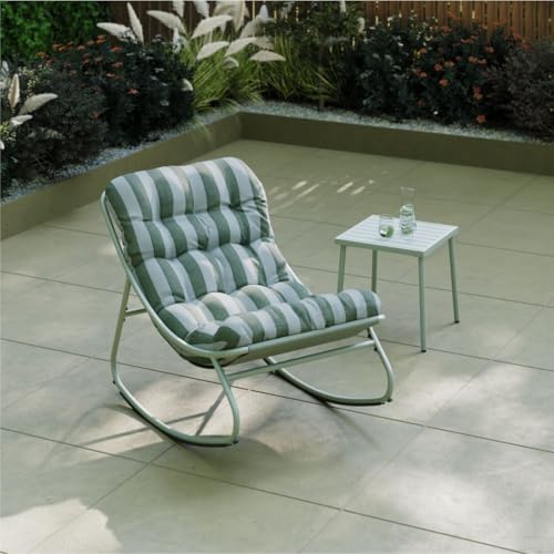 Image of CHARLES BENTLEY Rocking Chair, Steel, Comfy, Weather Resistant, UV Protected, Green Frame, Green striped Cushions, Deep Filled Cushions, Luxury, Durable, Recliner (102x76cm)