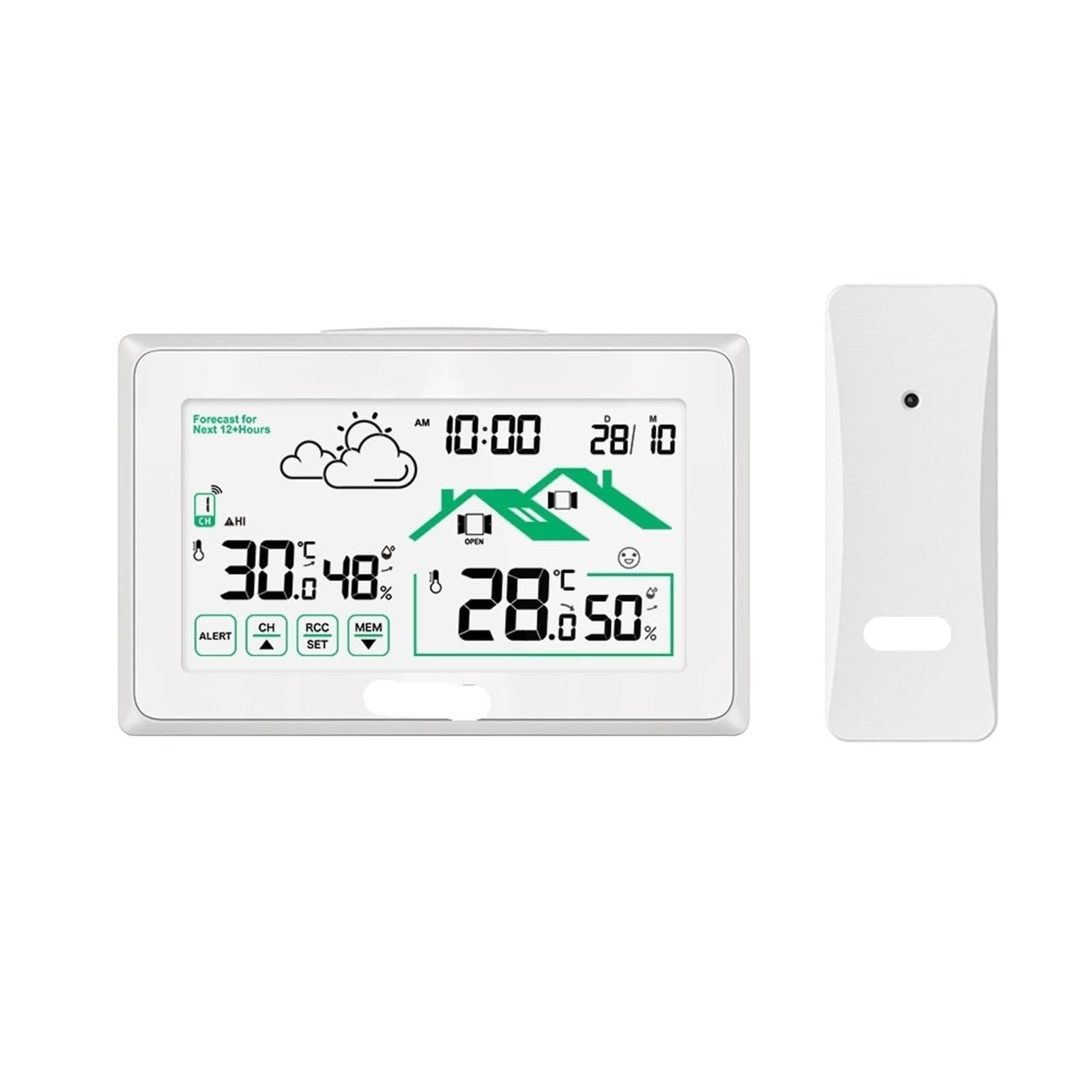 LADFRTYU Atomic Digital Wall Clock Wireless Weather Station Digital DCF Radio-Controlled Wall Clock In/Outdoor Thermometer Hygrometer Trend Forecast Sensor(Green)