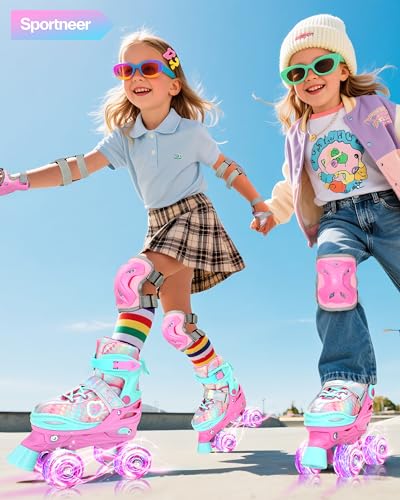 Sportneer Kids Roller Skates: 4 Size Adjustable Quad Skates with Light Up Wheels for 5-8 8-12 Girls Boys Toddlers Beginners, Birthday Gift Skates with Protective Gear Set for Outdoor Indoor