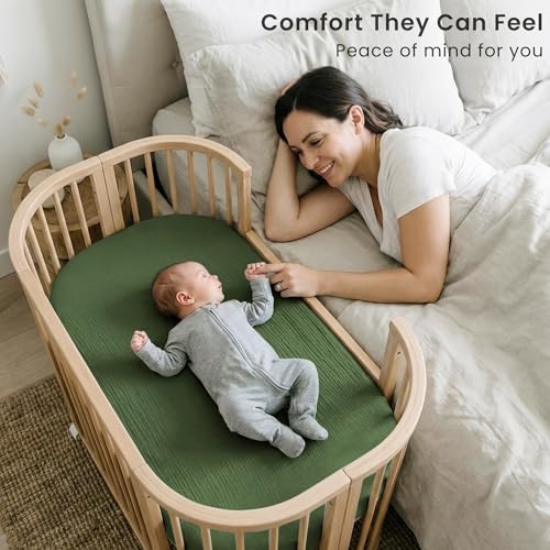 Image of Konssy 2 Pack Muslin Bassinet Sheets for Boys, Girls, 100% Cotton Soft Breathable Fitted Bassinet Mattress Sheet, 33 x 21 inches (Sage Green,Leaf)