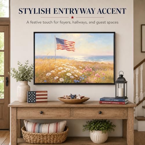 Image of American Flag Framed Canvas Wall Art, 4th of July Floral Canvas Prints, Wildflower Landscape Patriotic Decorations, Vintage Rustic Independence Day Wall Decor for Bedroom Living Room Office 11x14