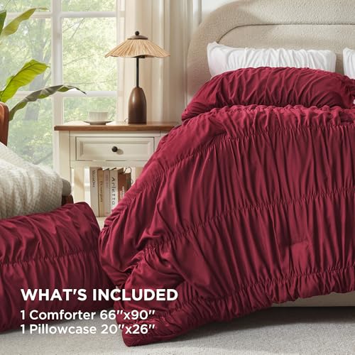 Image of Andency Ruched Burgundy Twin Size Comforter Sets, Shabby Chic Pleated Bedding Sets 2 Pieces, Lightweight Soft Boho Ruffle Bed Set for Girls, Kids, Women, All Season