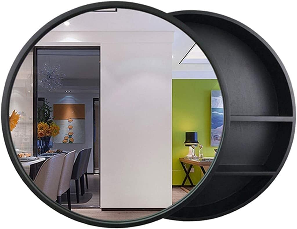 Round Bathroom Mirror Cabinet with Sliding Locker, Wall-Mounted Storage with 3 Shelves, Walnut Wood Frame, 50cm Diameter(Black)