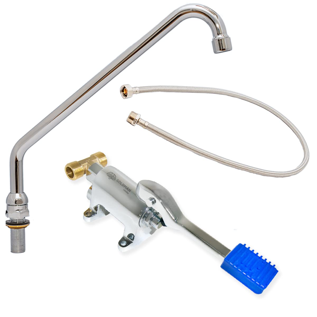 GOLDMAN SERVICE Set de Grifo Pedal para Fregaderos Industriales Hostelería - Caño Alto - Latiguillo - Adaptador conexión para dos aguas Fría - Caliente
