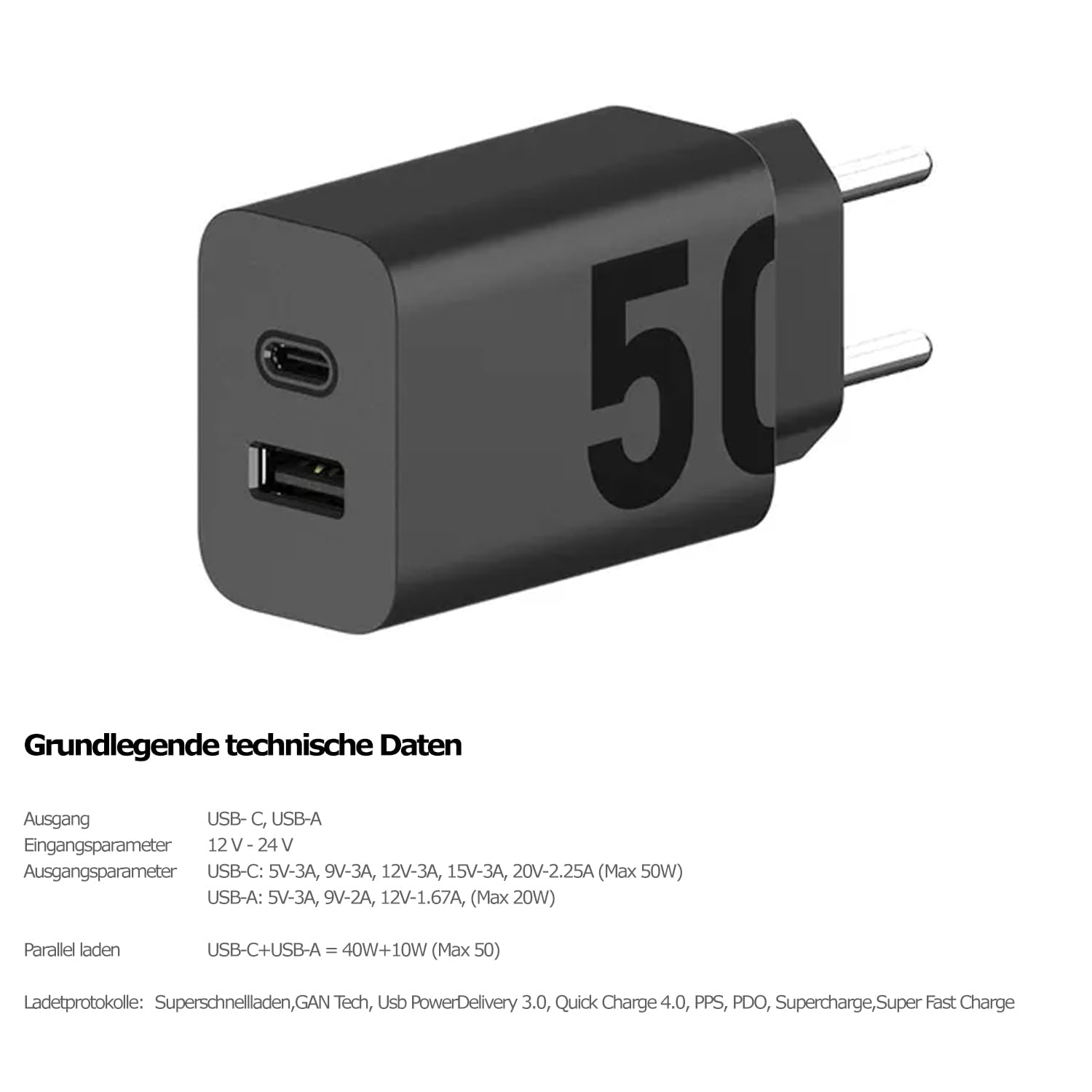 Caricatore Veloce 50W Con USB-A E USB-C Per Motorola Moto G34, G42, G32, E32, Edge 50 E Altri – Cavo USB-C Incluso, 1.5m
