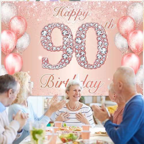 Image of Happy 90th Birthday Rose Gold Banner Cheers to 90 Years Old Backdrop Confetti Balloons Theme Decor for Women 90 Years Old Pink Birthday Party Decorations Bday Supplies Background Favors Gift Glitter