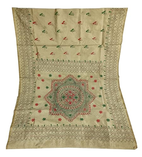 Image of SHRISTI CLOTHINGS Women's Hand Embroidered Cotton Silk Kantha Stitch Saree with Blouse Piece (SB420324 SWD52)