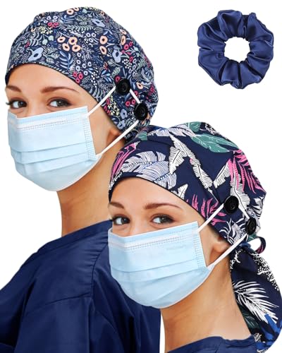 Image of Satin Lined Scrub Cap for Women Extra Large Long Hair Surgical Nurse Cap 4 Buttons
