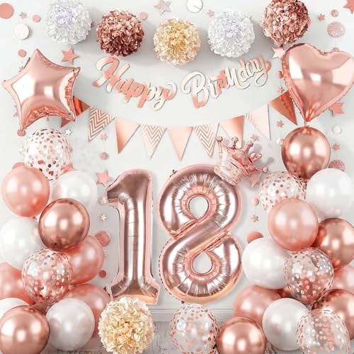 Fzyisw 18 Geburtstag Deko Mädchen Roségold Geburtstagsdeko 18 Mädchen mit 18 Luftballons Zahl Groß Happy Birthday Banner Wimpelkette Ballons Papier Pompons Set Deko zum 18. Geburtstag Mädchen