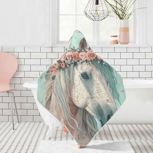 Image of YETTASBIN Horse Baby Towel, Ultra Soft Absorbent Cotton Baby Hooded Bath Towel for Newborn Baby Boy Girl, Toddler, Infant Registry Gift - 30 x 30 Inch