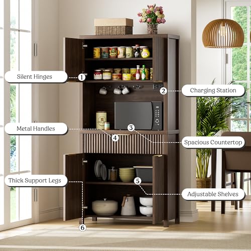 Image of Lulive 71 inch Fluted Pantry Cabinet with Charging Station, Brown | Adjustable Shelves, Open Countertop, Drawer, Spacious Kitchen Storage