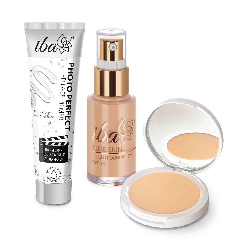 Iba Primer + Foundation + Compact Base Combo – Golden Beige | Long Lasting, Full Coverage Base Makeup | Vegan & Cruelty-Free Iba Primer + Foundation + Compact Base Combo – Golden Beige | Long Lasting, Full Coverage Base Makeup | Vegan & Cruelty-Free