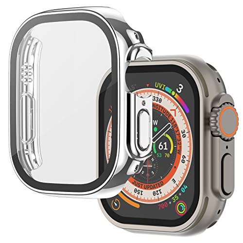 Image of Case Compatible with Apple Watch Ultra 49mm with Built-in Tempered Glass Screen Protector, All-Around Ultra-Thin Bumper Full Cover Hard PC Protective Case for iWatch, Silver