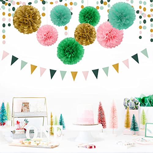 Image of Sage-Green Pink-Gold Baby Bridal-Shower Decorations - 30pcs Rustic Wedding Tissue Pom Poms,Tassel Garland Banner,Birthday Bachelorette Engagement Valentines Mothers Day Party Decor Lasting Surprise