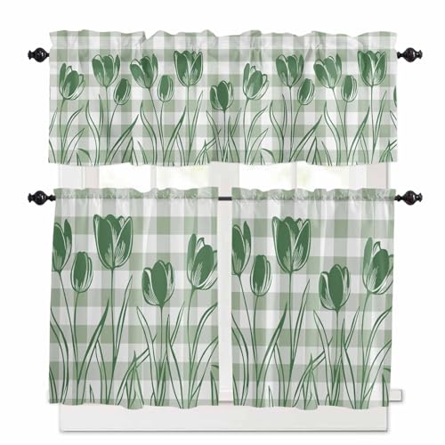 Kitchen Curtains and Valances Set, Green Flower Rod Pocket Curtains Tier Farmhouse Window Treatment 36 Inch Length, Elegant Plaid Floral Lattice Botanical 3 Piece Kitchen Curtain Set