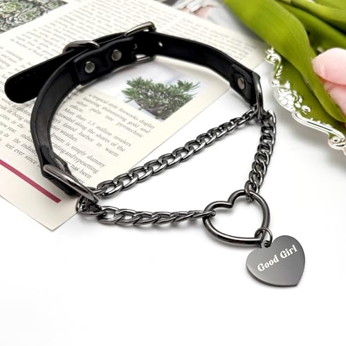 paloli Leather Slip Chain Choker – Adjustable PU Vegan Collar With Heart Ring & Cuban Chain, Letter Heart Pendant Necklace for Women3