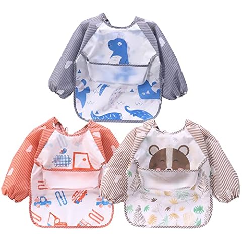 FILOWA Baby Bibs with Sleeve,3PCS Feeding Bibs Long Sleeve Large Pocket Waterproof Coverall Weaning Plastic EVA Painting Aprons Smock Bib for Infant Toddlers Boys 6-36 Months,Dinosaur/Car/Bear Cover