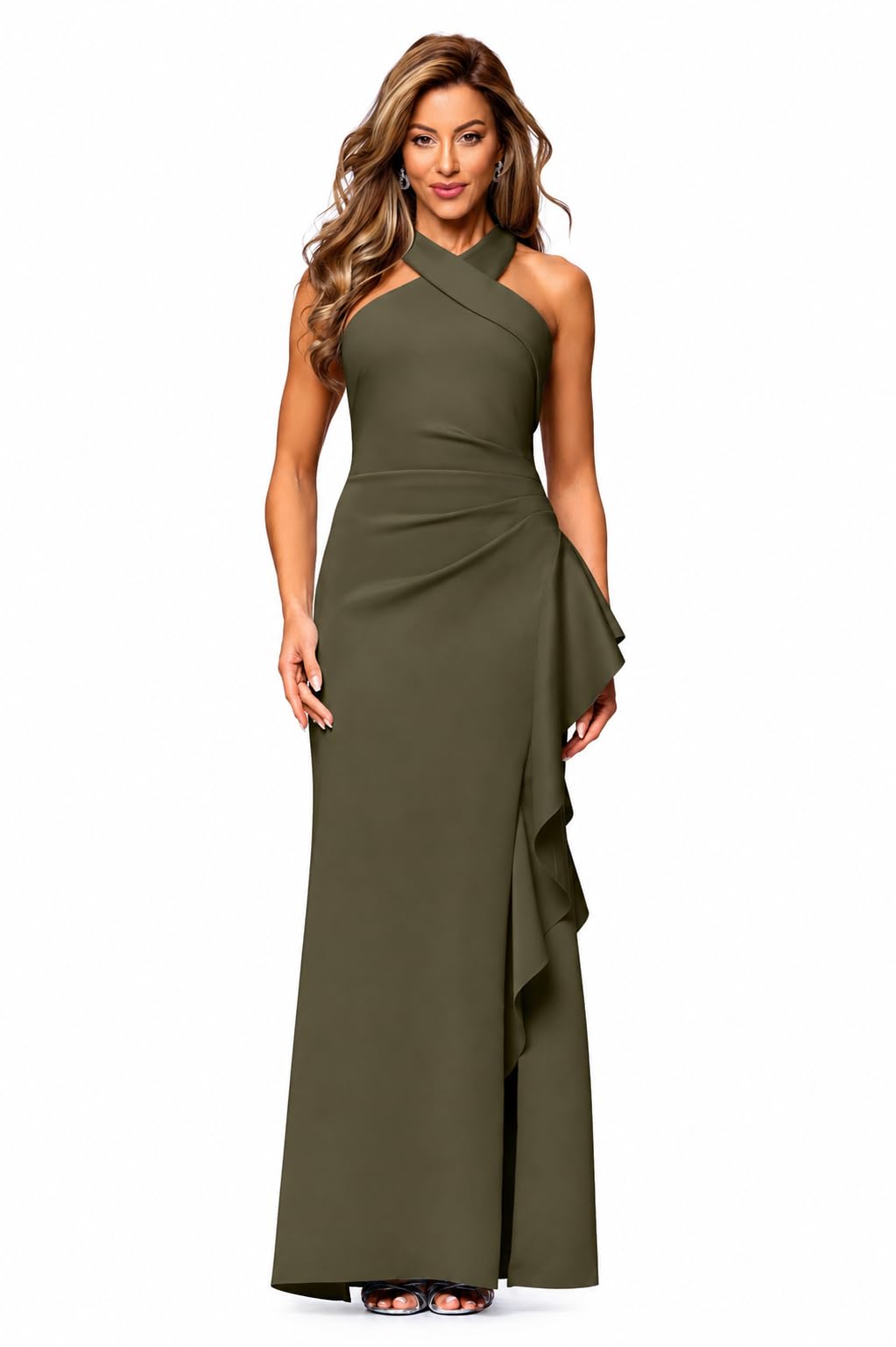 Xscape Evenings Women's Long, Bodycon Low-Sheen Cross Front Halter Neck Evening Dress with Ruching &amp; Ruffle Detail