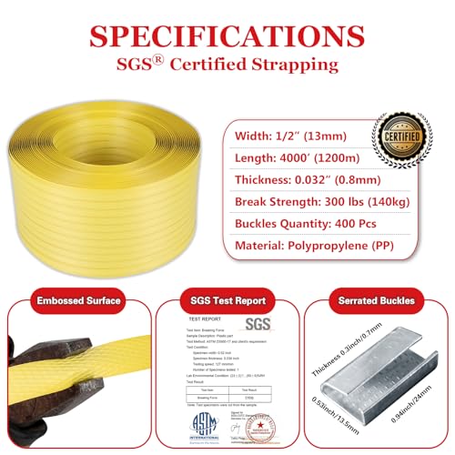 Image of Packaging Strapping, Poly Straps, Carton Banding Strap (1 /2 inch x 4000 ft x 0.032 inch PP Polyprophlene Coil Roll and 400 Buckles) - Certified 300 lbs Break Plastic Strap
