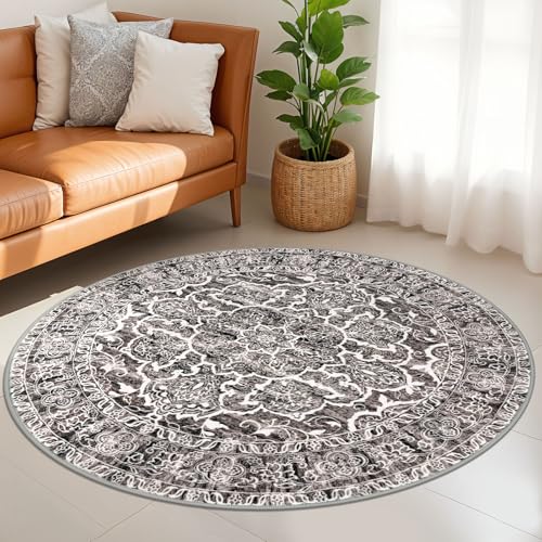 KUTA Vintage Round Rugs 5ft, Tan Grey Washable Circle Rug 5ft, Non-Slip Printed Floral Medallion Carpet for Living Room, Soft Cozy Dining Kitchen Throw for Entryway