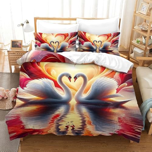 KQZJXNRPHG Swan Heart Flame 3D Housse De Couette Animaux Microfibre Ultra Doux Coffret Cadeau Femme Parure De Lit 3 Pièces Double(200x200cm)