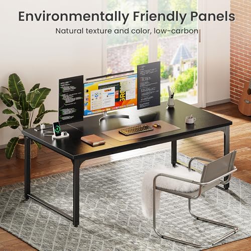 Huuger 63 x 31.5 inch Desk with Power Outlets & USB-C, 1.2 Inch Thicker Desktop, Robust Metal Tubes, Deep Computer Desk, Heavy Duty Office Work Desk, for Home Office, Black