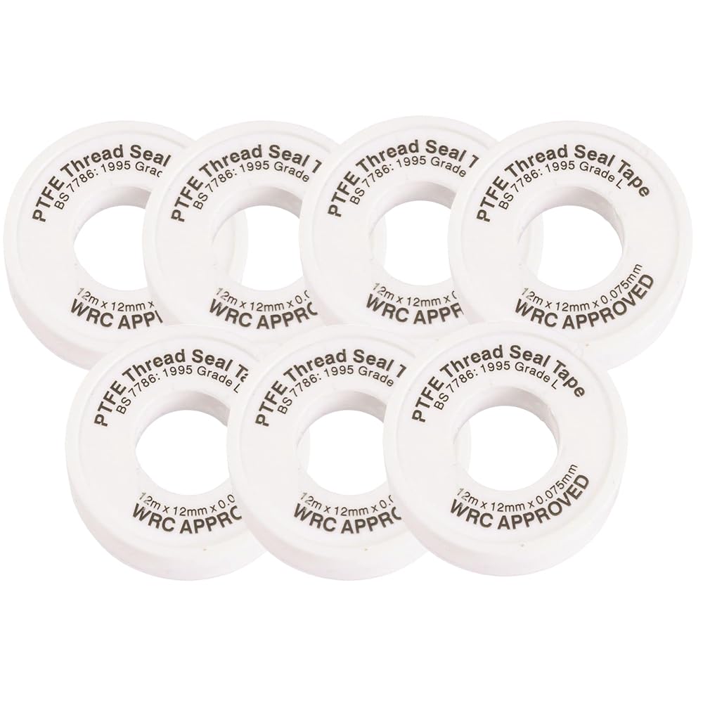 7 x PTFE Thread Seal Tape 12mm x 0.075mm x 12m WRAS Approved Plumbing Tape for Water and Gas Pipe Threads Leak Sealing Plumbers Tape for Bathroom Kitchen Heating Systems Home Repairs and Services