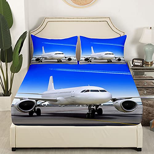 Kids Boys Airplane Bed Sheet Set Cute Sky Aviation Aircraft Runway Bedding Sheets for Girls Cartoon Aircraft Cloud Sky Bedding Fitted Sheet Cool Bed Cover 2Pcs Single Size - Image 3
