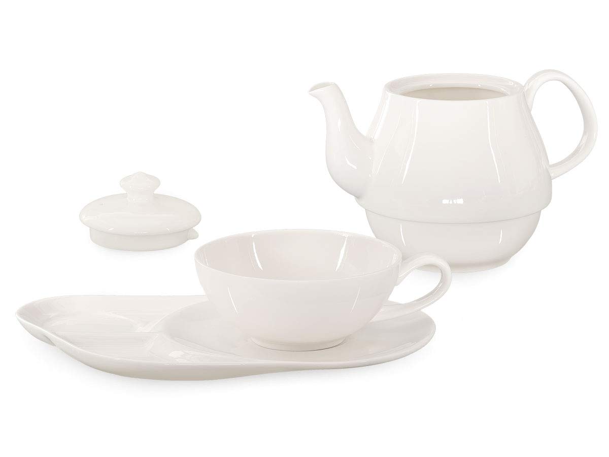 Tea for One Daisy 600ml aus Crystal Bone China Porzellan in fein-cremigem Weiß. Teekanne + Teetasse + Untersetzer mit praktischen Ablageflächen