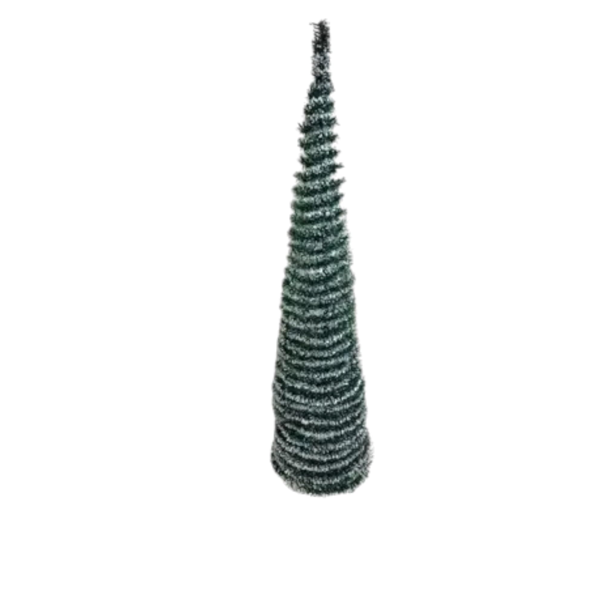 Albero di Natale Slim Pop-Up, 150 cm Alto, Verde con Neve Bianca, Pieghevole Salvaspazio, con Supporto Base, Design Stretto