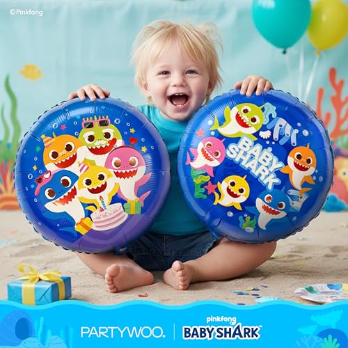 Image of PartyWoo Baby Shark Blue Foil Number 1 Balloon 5pcs 40 18 Inch Blue Round Star Mylar Helium Birthday Balloons for Boys and Girls Baby Shark Under the Sea Ocean Kids First Birthday Party Decorations